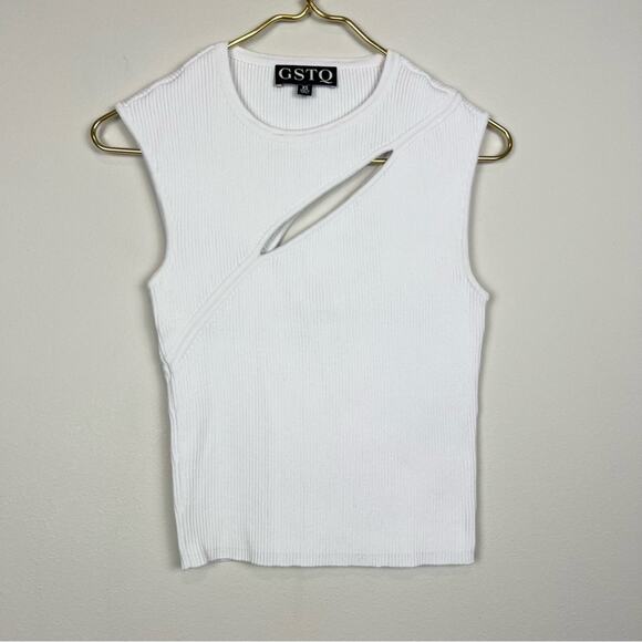 GSTQ White‎ Ribbed Sleeveless Cutout Knit Stretch Top Size XS - Picture 4 of 13